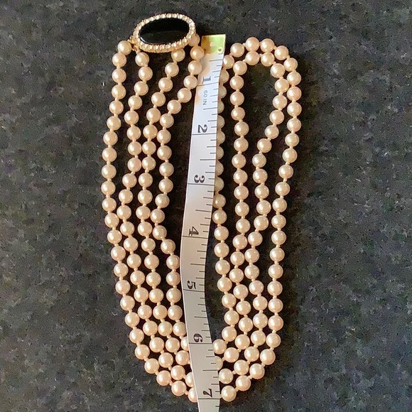 VINTAGE 2-Strand Faux Pearl Necklace with Black Oval & Rhinestone Clasp - Picture 5 of 8